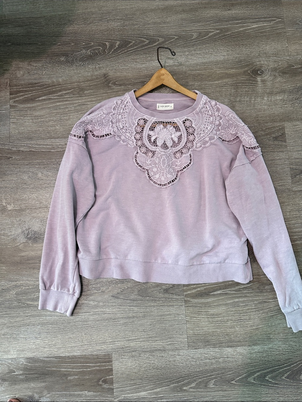 Lucky Brand Lavender Lace Yoke Crewneck Sweatshirt